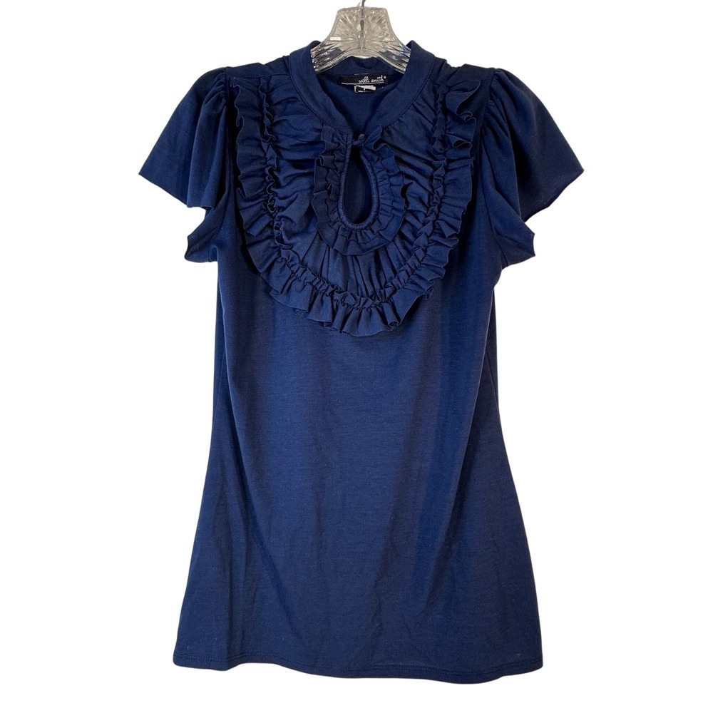 Willi Smith Navy‎ Blue Ruffle Bib Keyhole Flutter Sleeve Knit Top Large cottage